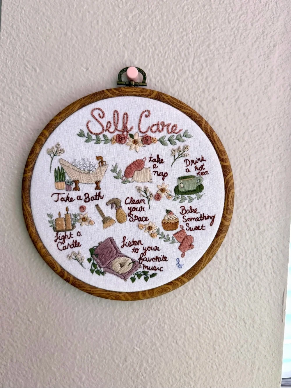 Self Care Embroidered Hoop Wall Art - Floral Accent